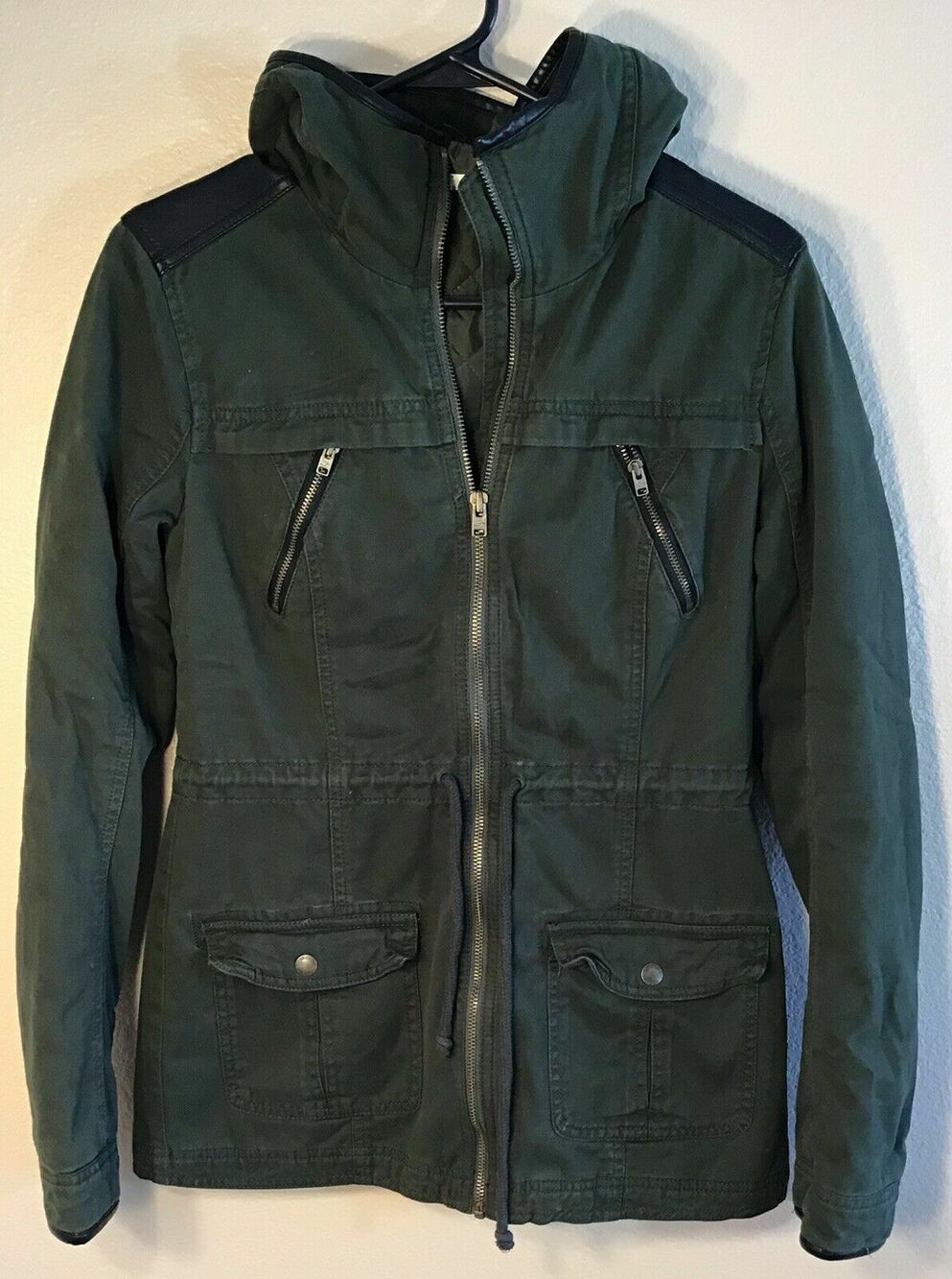 Hollister Womens Hooded Zip Up Coat With Tie Waist & Chest Zippers. Lined. Sz S.